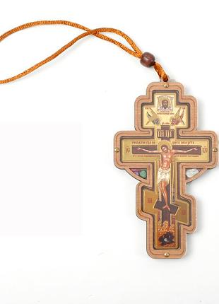 Хрест дерев'яний на дзеркало заднього виду на нитці з камінням під склом (5,5х7,5см)