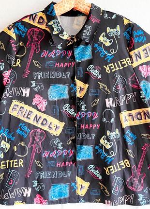Вінтажна жіноча сорочка shein curve чорна короткий рукав ретро стиль поп-арт вінтаж написи графіті великий розмір 3xl-4xl