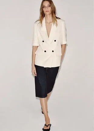 Молочный льняной двубортный пиджак zara с коротким рукавом, размер s (36)