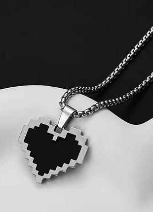 Кулон мужской pixel heart с цепочкой, подвеска, украшение на шею из медицинской стали под серебро