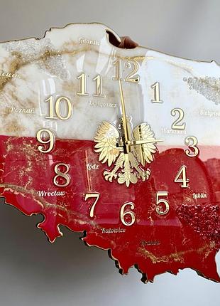 Часы настенные из эпоксидной смолы "карта польши" 60х54 см