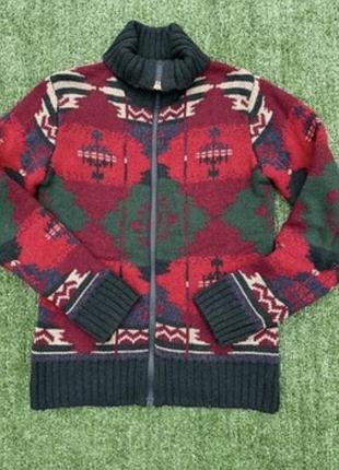 Вінтажний теплий чоловічий кардиган desigual на блискавці  розмір m червоно-зелений з геометричним візерунком вовна
