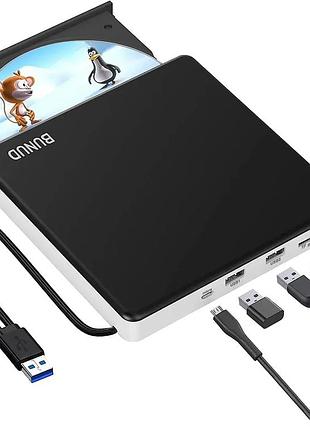 Зовнішній оптичний привід дисковод bunud external cd dvd drive usb 3.0 & type-c з usb-хабом та картридером sd/tf