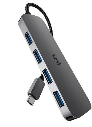 Usb-c хаб 4-в-1 uni usb-c hub with 4 usb 3.0 ports (алюминиевый разветвитель, нейлоновый кабель, для macbook, ipad, pc)