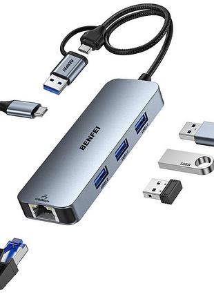 Usb-хаб benfei 5 в 1 (000386) usb-c/usb-a з rj45 gigabit ethernet, 3xusb 3.0 та usb-c для живлення