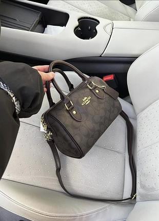 Жіноча сумка coach rowan satchel, сумка коач, модна сумка саквояж, сумка-боченя темно-коричневий