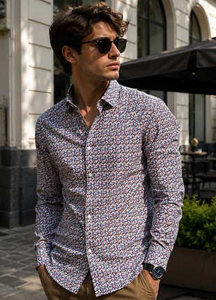 Шикарная хлопковая рубашка белого цвета в цветочный принт riley slim fit made in myanmar
