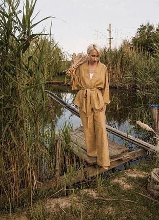 Льняной костюм кимоно со штанами палаццо свободного кроя 2