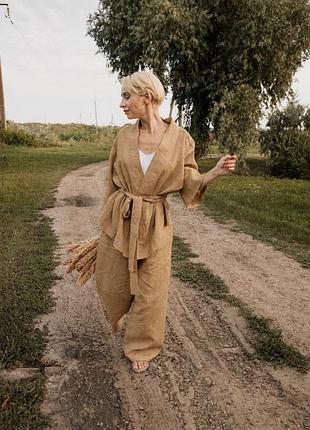 Льняной костюм кимоно со штанами палаццо свободного кроя 3