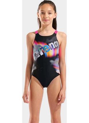 Купальник для девочек arena lit logo swimsuit v back l черный, розовый 140 см (010690-590)