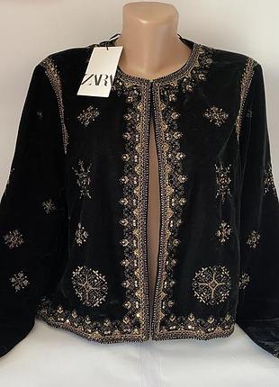 Вишуканий чорний оксамитовий піджак (жакет) zara з вишивкою, обмежена серія, розмір xl(l);черный бархатный жакет zara с золотистой вышивкой и бисером