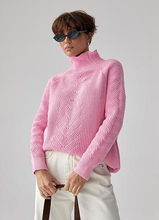 Вязаный женский свитер с косичками - розовый цвет, one size (имеется размеры)
