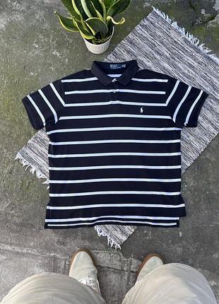 Вінтажне чорна футболка поло polo ralph lauren з коротким рукавом у білу смужку