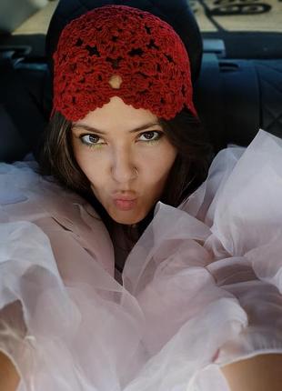 В’язана літня іміджева шапочка кроше бісерна шапочка сітка сіточка макраме