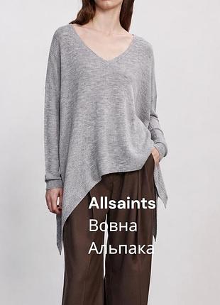 Крутий жіночий вільний асиметричний джемпер із вирізом allsaints із вовни та альпаки сірий светр у рубчик сірий меланж джемпер із вирізом