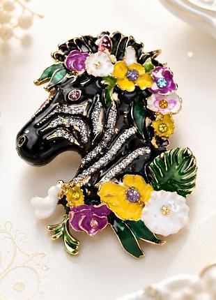 Брошка зебра з квітами та стразами, велика дизайнерська брошка 🦓🌸