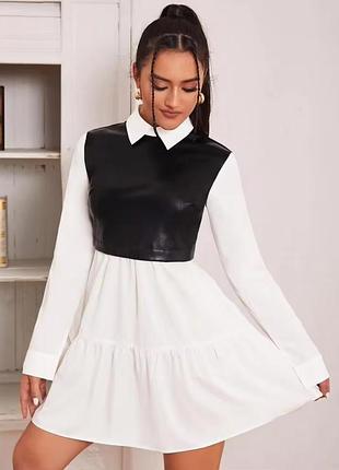 Shein платье-рубашка контрастное из искусственной кожи верх и низ с воланами