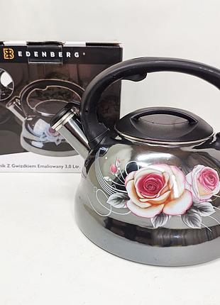 Емальований чайник edenberg eb-12610 зі свистком та антипригарним покриттям 3л flowers