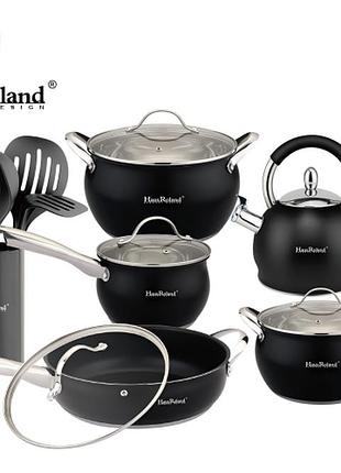 Набор посуды haus roland hr126-1, 18 предметов из нержавеющей стали: кастрюли 3,6/6,0 л, ковш 1,9 л, сковорода 2,9 л, чайник 3,0 (