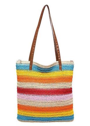 Пляжна сумка-шопер у різнокольорову смужку, плетена жіноча сумка з довгими ручками