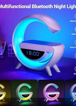 Настольная лампа-ночник bt-3401 rgb с часами беспроводной зарядкой 15 w и bluetooth-колонкой