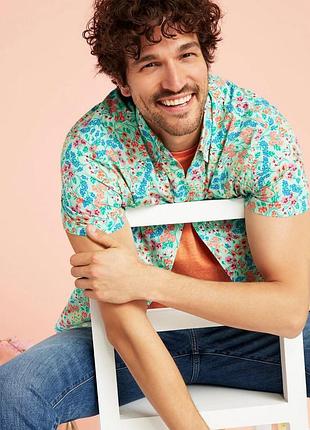 Мятно-зеленая мужская рубашка в цветочный принт с коротким рукавом j.crew flex washed slim