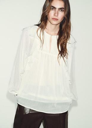 Жіноча легка блуза шифонова сорочка zara з воланами екрю (молочний) s