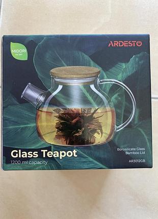 Новый стеклянный заварочный чайник ardesto midori 1200 мл с бамбуковой крышкой
