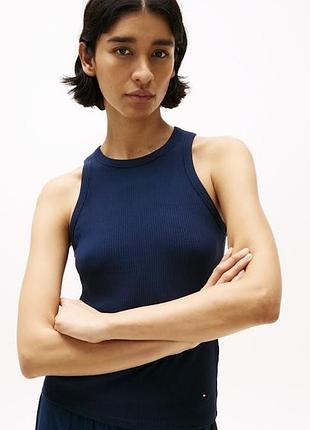 Tommy hilfiger майка в рубчик 💙 облегающая, вискоза + эластан, м