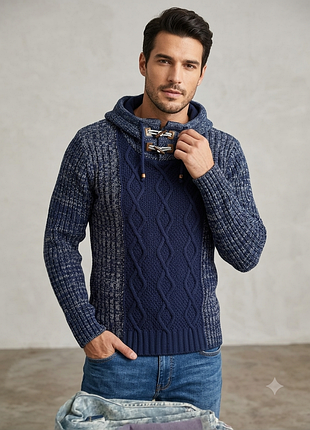 Стильный мужской вязаный свитер (худи) бренда tazzio fashion в синих оттенках.
