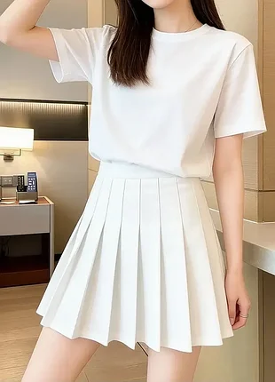 Юбка в складку теннисика с шортами теплый белый xs-xxl 6540 юбочка плиссе с шортиками с манжетами на лето молочно-белая на девушку