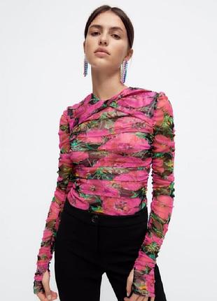 Топ прозрачный тюлевый плиссированный xs zara с цветочным принтом