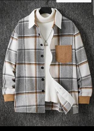 Кофта куртка рубашка теплая в клетку оверсайз большой размер plus size shein