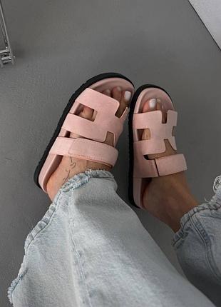 😍 жіночі шльопанці herme s chypre pale pink suede premium