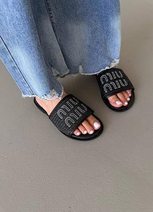 😍 жіночі шльопанці mi u mi u full black slides (9) 💚