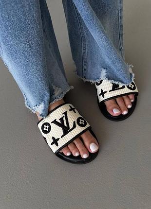 😍 жіночі шльопанці loui s vuitto n black / cream slides (9)