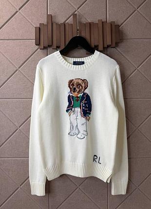 Стильний милий светр кофта rl polo ralph laurent молочний з принтом ведмідь в жакеті