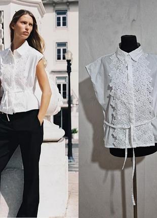 Поплиновая рубашка  с гипюром  с поясом  zara