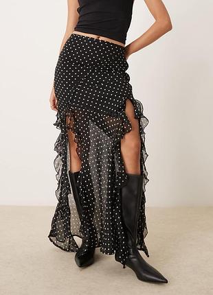 Шифонова спідниця максі з рюшами asos design у горох, спідниця polka dot розмір m-l