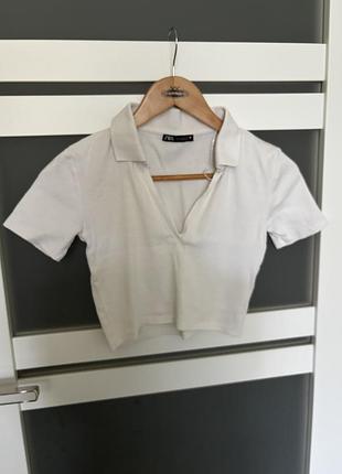 Zara xs/s біла базова топ футболка з комірцем натурального складу базова