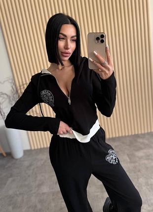 Чорний костюм chrome hearts худі з капюшоном та штани з лого