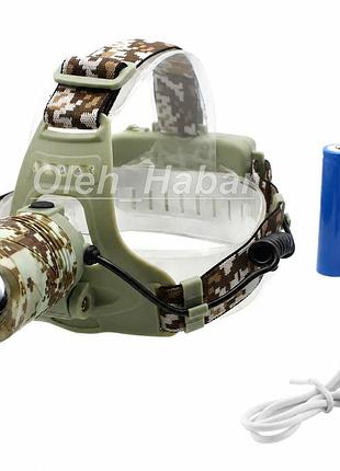 Камуфляжний налобний ліхтар cree xml із zoom, 2 акумулятори, usb-зарядка (1898)