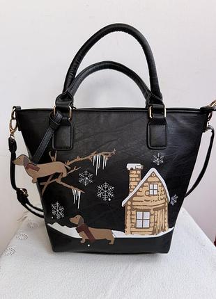 Сумка authentic- жіноча,із собакою таксою біля зимового будинку,з екошкіри,через плече