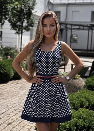 Летнее платьеэластичное ткань 👗 bodyflirt 🎀 летнее платье в горох 👠 пена ап расклешенная♥️размер л