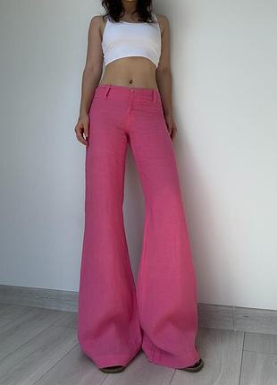 Брюки штаны лён розовые малиновые низкая средняя талия посадка 36 s wide leg широкие палаццо palazzo vintage винтаж на высокий рост барби хиппи 2000ые