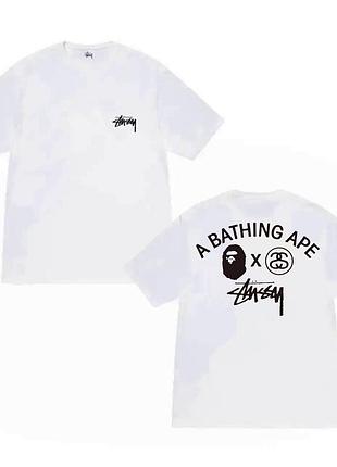 Мужская футболка bape x stussy белая бейп бейп стассі стуссі стусси унісекс