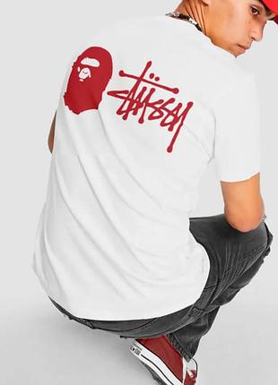 Чоловіча футболка stussy x bape logo біла унісекс стусі бейп колаборація