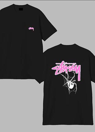 Мужские футболки stussy spider pink logo черная стусси с пуком тишка стуссi