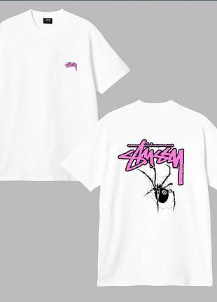 Мужская футболка stussy spider pink logo белая стусси с пуком тишка стуссi
