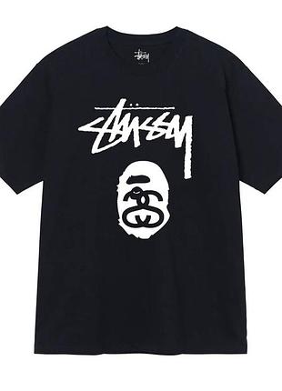 Мужская футболка stussy x bape коллаборация стусси и бэйп унисекс черный
